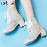 时代林春季新款韩版优雅女式水鞋 高跟印花马丁雨靴 系带雨鞋 女