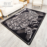 仙吉美式现代时尚个性地图地毯客厅茶几沙发卧室床边黑色短绒地毯