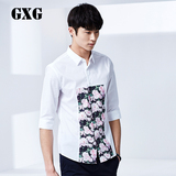 GXG男装 夏装新品 男士修身款花朵印花白色中袖衬衫男#52123305