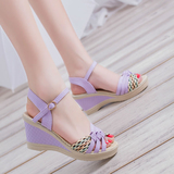 韩版凉鞋女夏坡跟高跟松糕厚底防水台拼色紫色百搭显瘦甜美特价