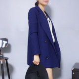 2015冬新款韩版中长款修身显瘦学生双排扣纯色长袖直筒外套大衣女