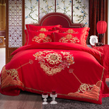 婚庆床上用品四件套纯棉床单式大红刺绣全棉四件套1.8m 2.0m床