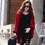 韩版秋冬季女士蝙蝠衫袖披肩宽松大码中长针织开衫红黑色毛衣外套