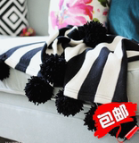 黑白条纹针织家居沙发床上搭巾搭毯毛线球样板房新款冬季时尚现代