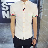 夏季短袖衬衫男青少年韩版修身衬衣休闲衣服青年纯色学生英伦寸衫