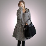 2015秋冬女装韩版针织衫宽松大码厚带帽中长款系腰带毛衣开衫