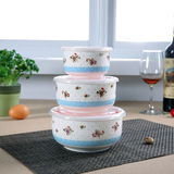 FOKKA 陶瓷保鲜碗三件套装 微波炉冰箱带盖密封便当盒 泡面碗汤碗