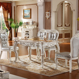 欧式大理石餐桌椅组合6人 长方形实木饭桌白色雕花描银
