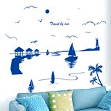 沙发背景装饰自粘墙贴纸地中海风格创意椰树海湾贴画蓝色沙滩海景