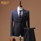 西服套装男士修身韩版青年商务休闲蓝色条纹西装男套装礼服两件套