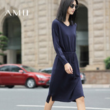 Amii[极简主义]2016秋冬女新款纯色长袖宽松针织中长款毛衣连衣裙
