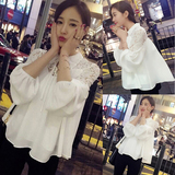2016春装新款衬衣韩版宽松白色拼接蕾丝泡泡袖长袖显瘦学生衬衫女