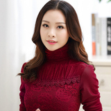 2015秋冬新款韩版大码女装上衣高领加绒打底衫加厚保暖长袖蕾丝衫