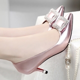 欧洲站秋新款单鞋女鞋方扣水钻高跟细跟尖头浅口粉红色真皮鞋性感
