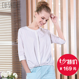 卡秀2016夏季新款韩版时尚中袖圆领条纹衬衫衬衣女短款上衣短袖