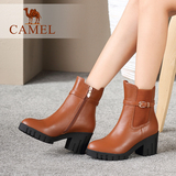 Camel/骆驼女鞋 时尚优雅 水染牛皮圆头粗高跟中筒女靴 2015