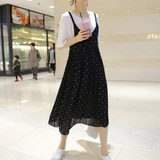 MARI韩国代购女装2016夏季新款 复古减龄飘逸雪纺波点吊带连衣裙