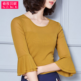 蕾丝衫女2016秋装新款韩版大码女装长袖上衣荷叶袖网纱显瘦打底衫