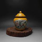 民国黄釉花鸟盖罐  古董古玩 仿古瓷器 收藏摆件  复古茶叶罐