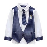 韩版外贸男童纯棉春秋长袖衬衫儿童打底衫宝宝学生马甲假两件套装