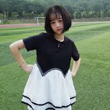 日系软妹夏季女装黑白拼色雪纺荷叶边短袖连衣裙韩版气质学生裙子