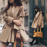 2015冬装新款女装韩版中长款双排扣宽松羊毛呢外套大衣 加绒加厚