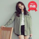 2016韩版新品BF风衬衫宽松休闲长袖衬衣军绿色工装薄外套女夏
