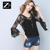 ZK喇叭袖镂空钩花两件套性感蕾丝衫女时尚显瘦上衣2016夏装新款