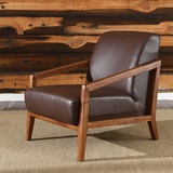 实木真皮沙发椅 北欧简约风格单椅 榆木现代休闲椅 阳台客房