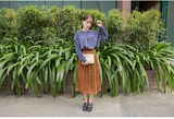 DRS家 韩版新款时尚纯色灯芯绒日系文艺范百褶半身裙