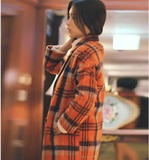 2015冬装新款韩版宽松显瘦中长款桔橙色格子毛呢外套女潮呢子大衣