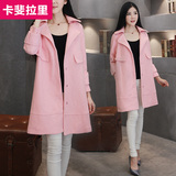 2016冬季新款韩版女装中长款粉色羊毛呢子大衣外套西装领专柜正品