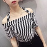 V SHEL韩国2016时尚潮流女装夏款短袖T恤挂脖露背一字领条纹上衣T