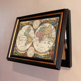 欧式复古英文世界地图大尺寸配电箱电表箱办公室书房有框装饰画