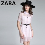 zara女装连衣裙夏两件套短袖条纹雪纺显瘦气质衬衫裙2016新款代购