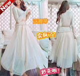 连衣裙套装2016秋季新款女装韩版气质修身长袖毛衣网纱长裙两件套