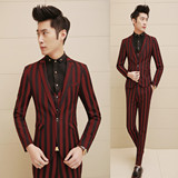 韩版商务休闲条纹男士修身长袖西装三件套装 时尚流行西服套装男
