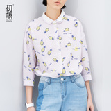 初语2016新品衬衫 菠萝印花条纹拼接七分袖衬衣