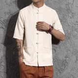 2016夏款男士大码亚麻衬衫短袖 男装宽松中式衬衣中国风盘扣衣服