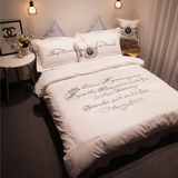 简约四件套五星级酒店床上用品60支埃及长绒棉纯色绣花被套地中海
