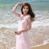 欧洲站女装粉色刺绣花两件套七分袖超仙连衣裙长裙海边渡假沙滩裙