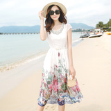 2016夏季新款韩版女装雪纺连衣裙修身显瘦印花短袖腰带长裙沙滩裙
