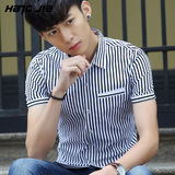 夏季潮流韩版修身竖条纹男士短袖衬衫青年衬衣男装商务休闲上衣服