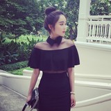 2016夏新款泰国潮牌修身性感包臀露肩露腰一字领黑色透视连衣裙女
