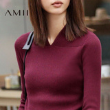 Amii[极简主义]2016秋冬季新款V领纯色修身打底套头针织薄毛衣女
