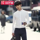 韩国男装韩版修身纯白色小翻领免烫衬衣纯棉日系百搭男士长袖衬衫