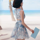 韩国代购2016夏海边度假无袖露背波西米亚印花雪纺连衣裙沙滩短裙