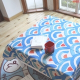 日式鱼鳞纹理棉麻餐桌布清新和风蓝色正方形加厚圆形台布茶几盖布