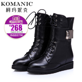 柯玛妮克 冬季保暖真皮女靴子 休闲侧拉链內增高系带中筒靴K31128