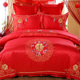 绣花婚庆四件套大红结婚床上用品贡缎全棉床上六件套婚礼被套床单